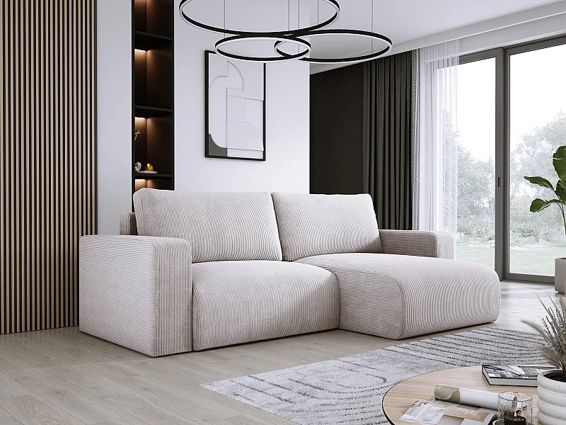 Ecksofa mit Schlaffunktion und Bettkasten, weicher Cordstoff, flexibel stellbar, rechts, 247x143x83 cm, Farbe Schmutziges Beige