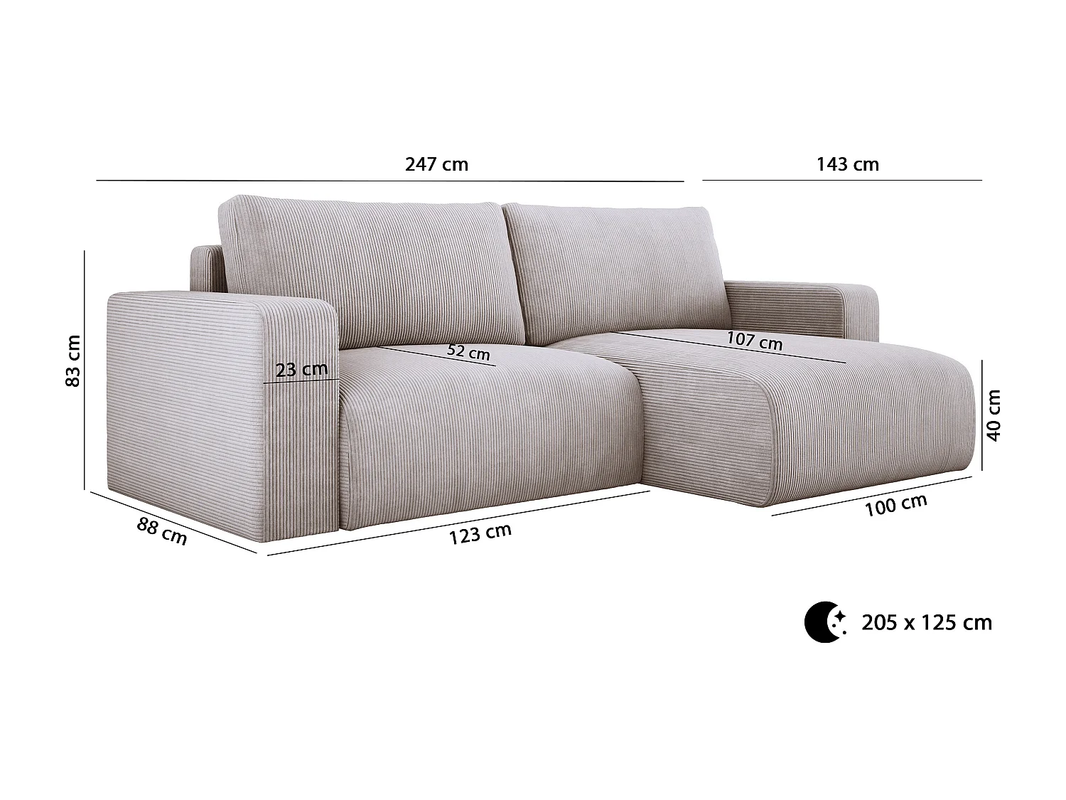 Canapé d'angle avec fonction couchage et coffre, tissu en velours doux, flexible, agencement gauche, 247x143x83cm, cappuccino