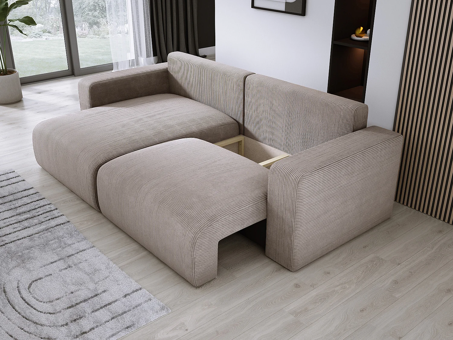Canapé d'angle avec fonction couchage et coffre, tissu en velours doux, flexible, agencement gauche, 247x143x83cm, cappuccino