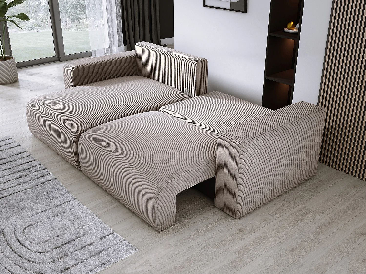 Canapé d'angle avec fonction couchage et coffre, tissu en velours doux, flexible, agencement gauche, 247x143x83cm, cappuccino