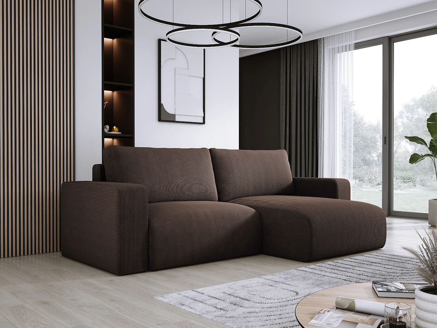Canapé d'angle avec fonction couchage et coffre, tissu en velours doux, flexible, agencement droit, 247x143x83cm, marron foncé