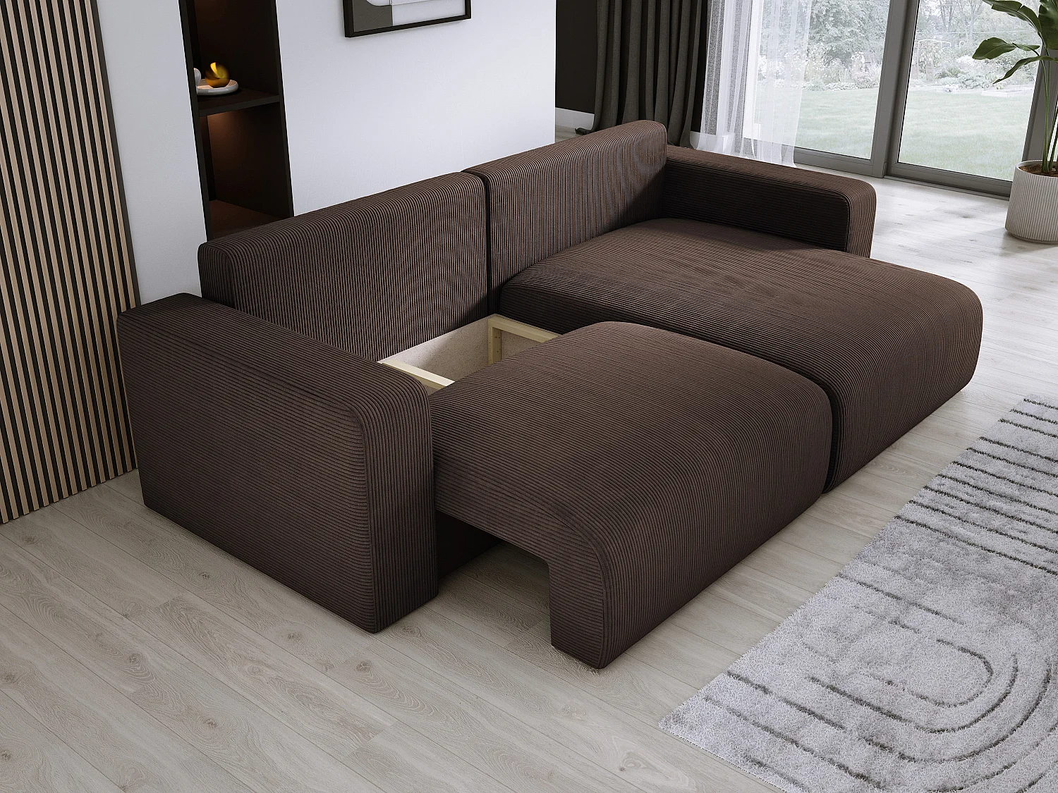 Canapé d'angle avec fonction couchage et coffre, tissu en velours doux, flexible, agencement droit, 247x143x83cm, marron foncé