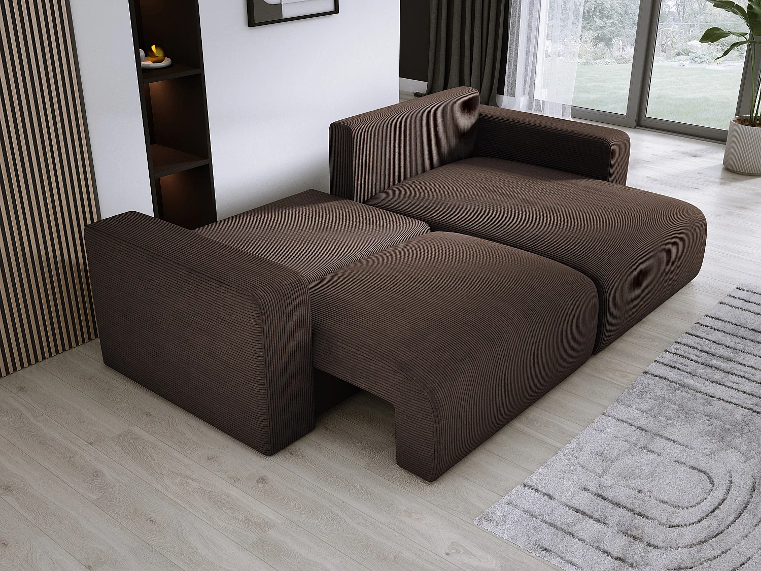Canapé d'angle avec fonction couchage et coffre, tissu en velours doux, flexible, agencement droit, 247x143x83cm, marron foncé