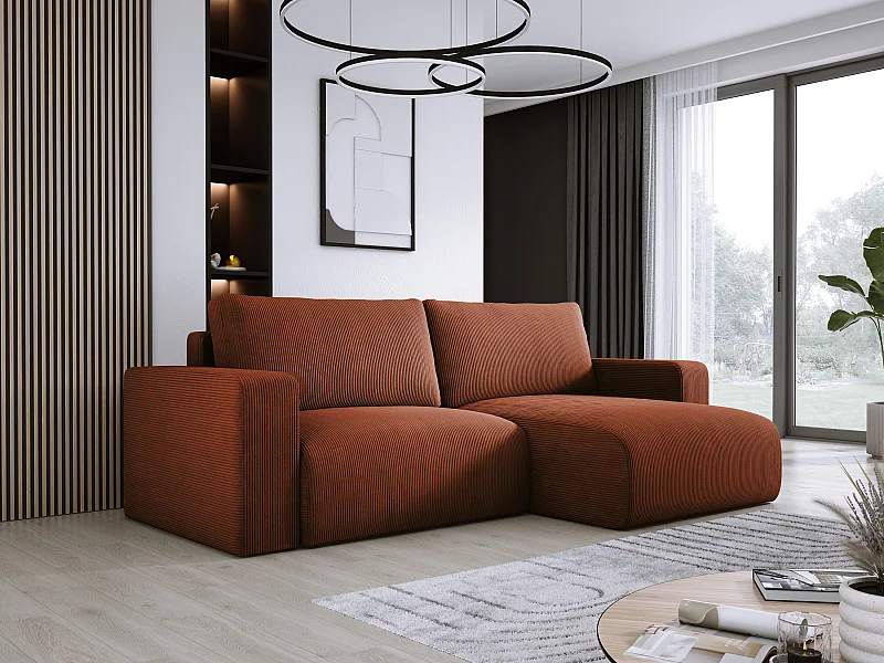Canapé d'angle avec fonction couchage et coffre, tissu en velours doux, flexible, agencement droit, 247x143x83cm, marron