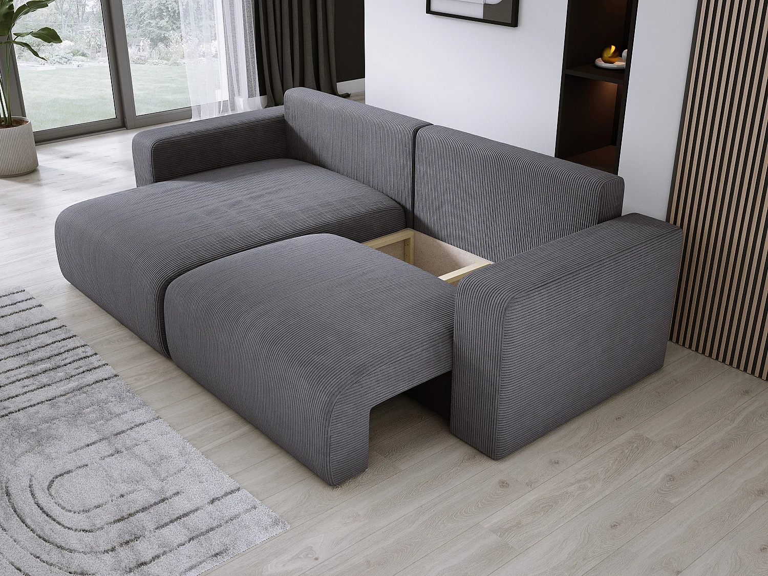 Hoekbank met slaapfunctie en opbergruimte, zachte cordstof, flexibel verstelbaar, linkeropstelling, 247x143x83 cm, grijs