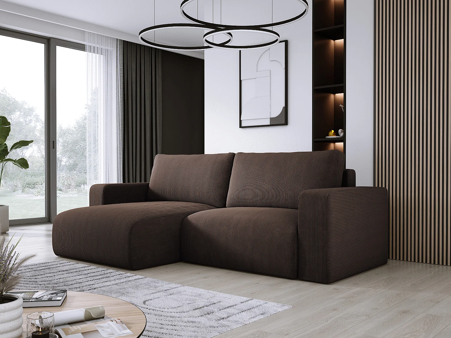 Canapé d'angle avec fonction couchage et coffre, tissu en velours doux, flexible, agencement gauche, 247x143x83cm, marron foncé