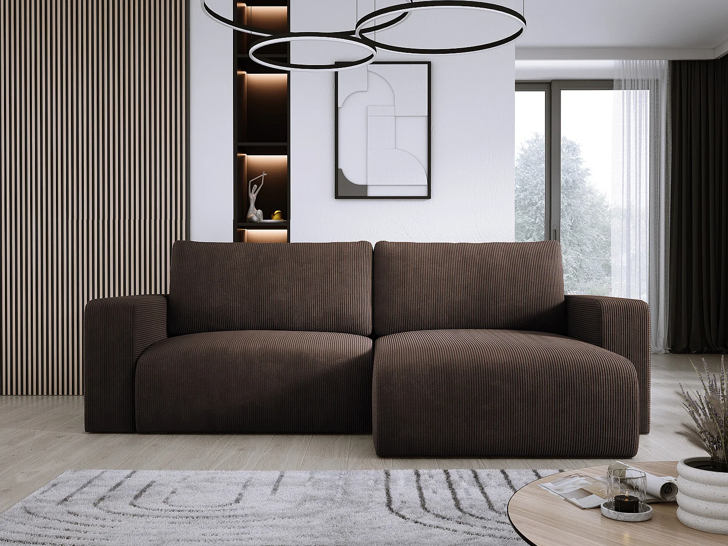 Canapé d'angle avec fonction couchage et coffre, tissu en velours doux, flexible, agencement gauche, 247x143x83cm, marron foncé