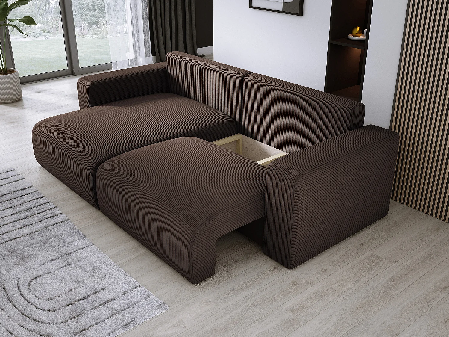 Canapé d'angle avec fonction couchage et coffre, tissu en velours doux, flexible, agencement gauche, 247x143x83cm, marron foncé