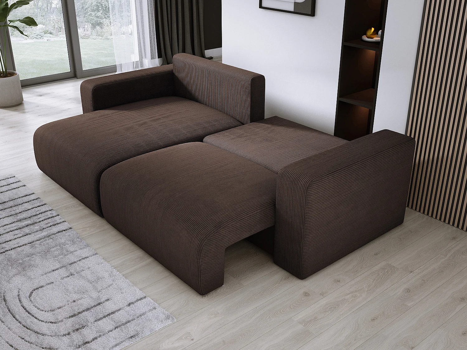 Canapé d'angle avec fonction couchage et coffre, tissu en velours doux, flexible, agencement gauche, 247x143x83cm, marron foncé