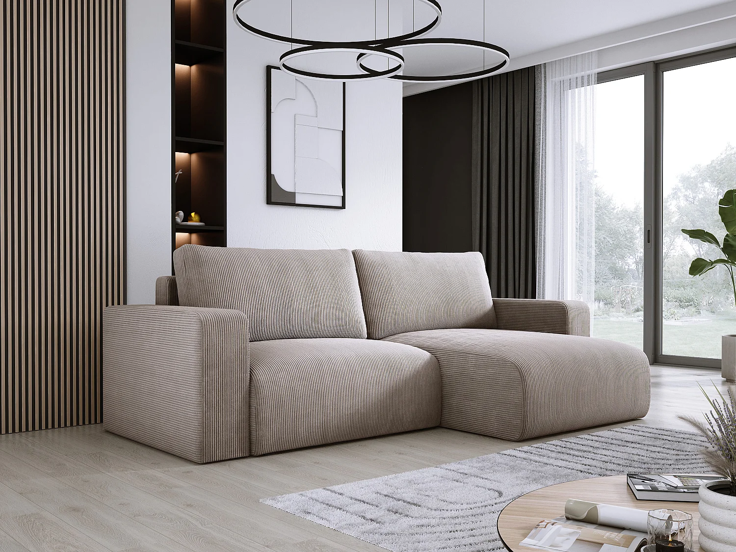 Canapé d'angle avec fonction couchage et coffre, tissu en velours doux, flexible, agencement droit, 247x143x83cm, cappuccino