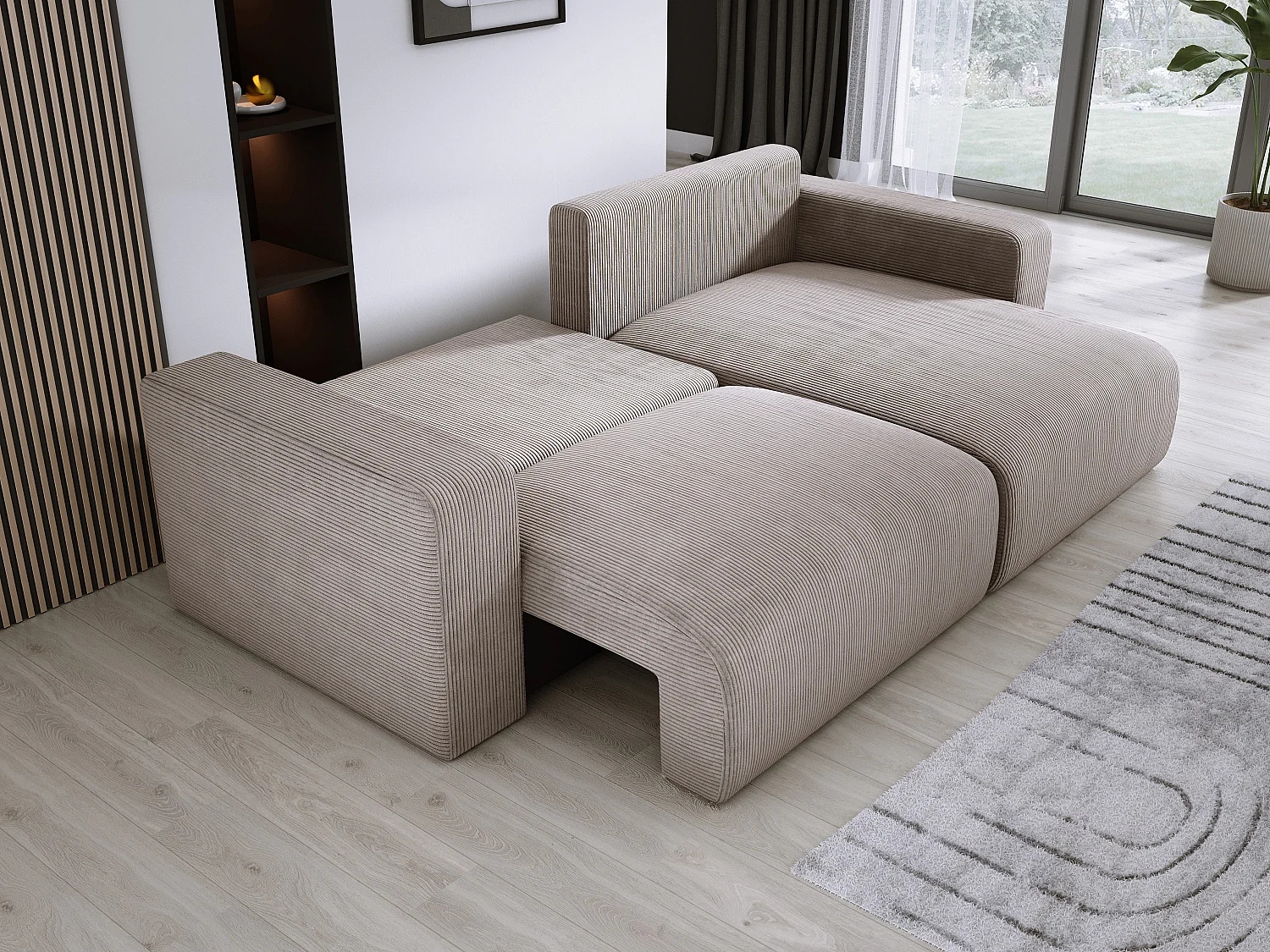 Canapé d'angle avec fonction couchage et coffre, tissu en velours doux, flexible, agencement droit, 247x143x83cm, cappuccino