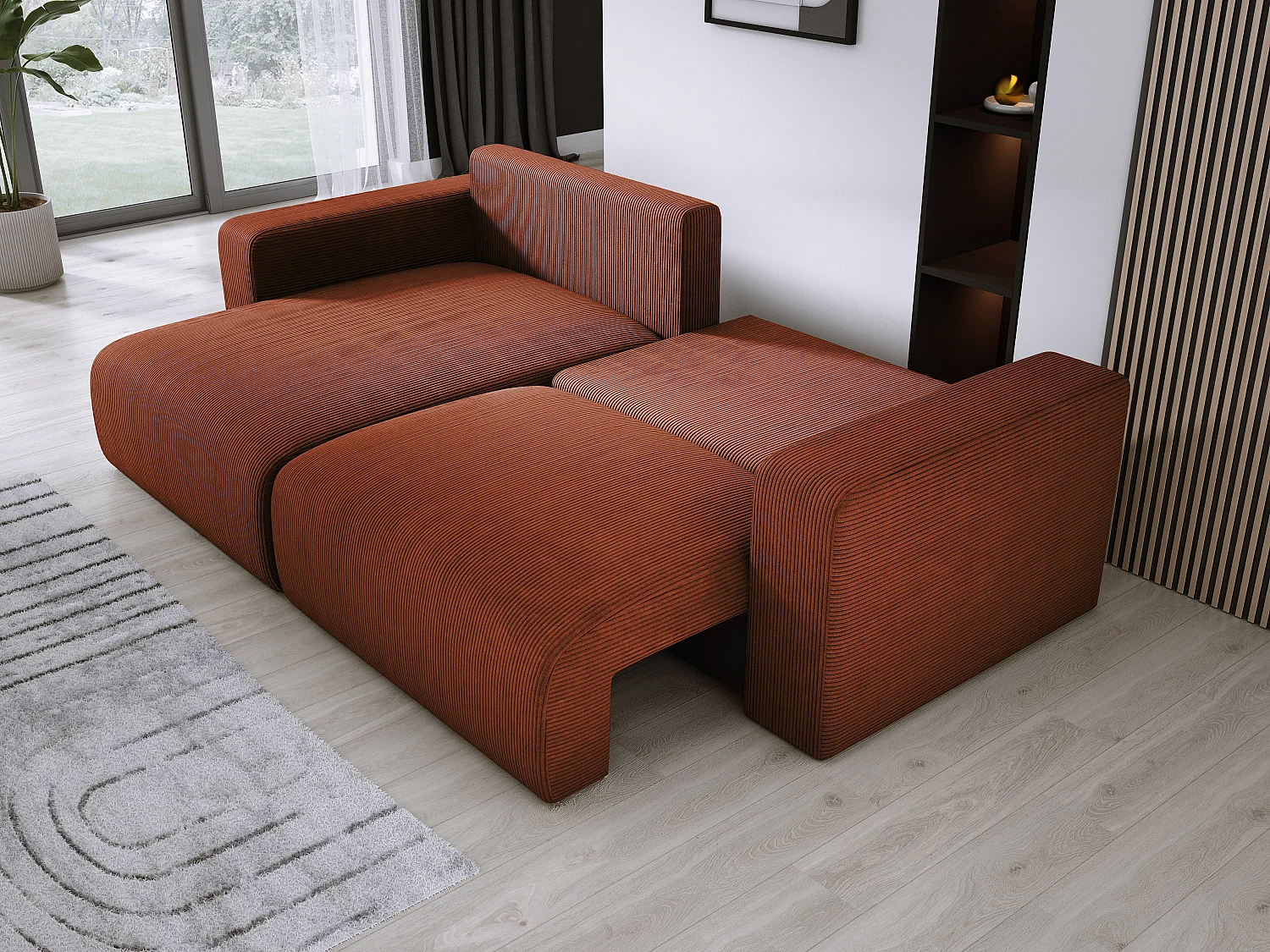 Hoekbank met slaapfunctie en opbergruimte, zachte cordstof, flexibel verstelbaar, linkeropstelling, 247x143x83 cm, bruin