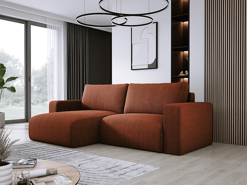 Canapé d'angle avec fonction couchage et coffre, tissu en velours doux, flexible, agencement gauche, 247x143x83cm, marron