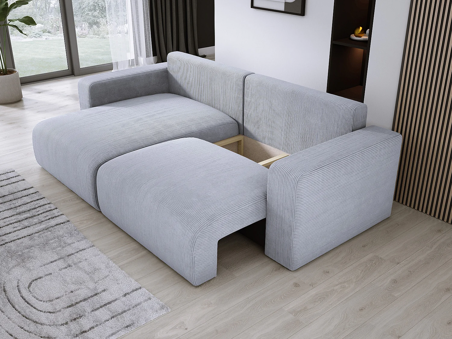 Hoekbank met slaapfunctie en opbergruimte, zachte cordstof, flexibel verstelbaar, linkeropstelling, 247x143x83 cm, licht esdoorn