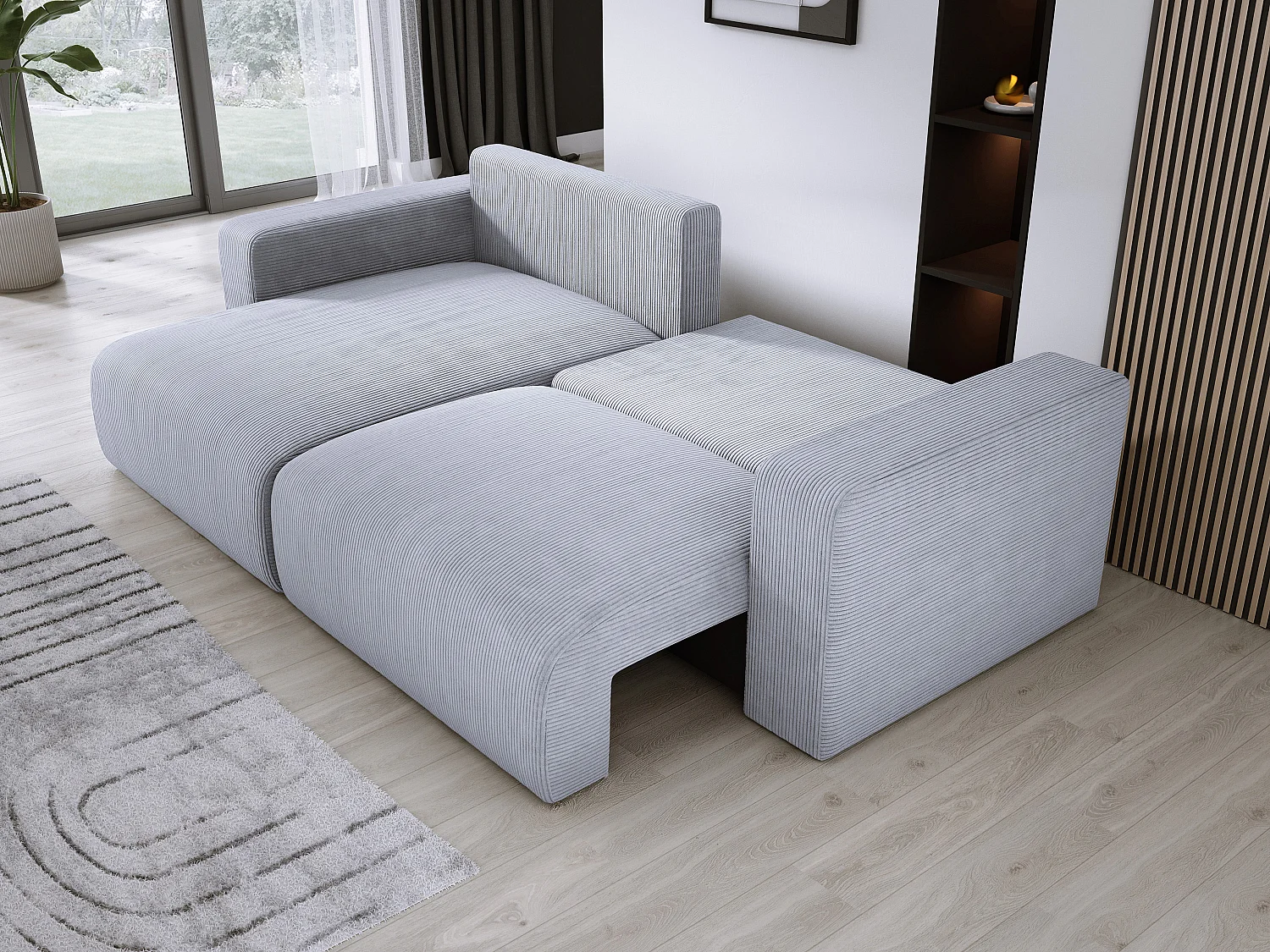 Hoekbank met slaapfunctie en opbergruimte, zachte cordstof, flexibel verstelbaar, linkeropstelling, 247x143x83 cm, licht esdoorn