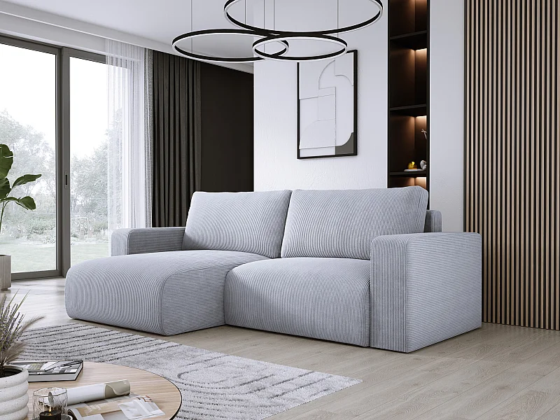 Canapé d'angle avec fonction couchage et coffre, tissu en velours doux, flexible, agencement gauche, 247x143x83cm, chêne clair