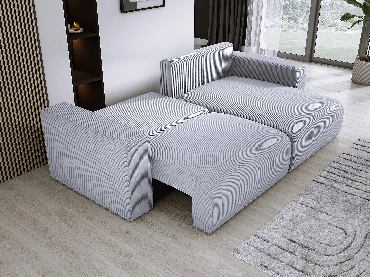 Hoekbank met slaapfunctie en opbergruimte, zachte cordstof, flexibel verstelbaar, rechteropstelling, 247x143x83 cm, licht esdoorn