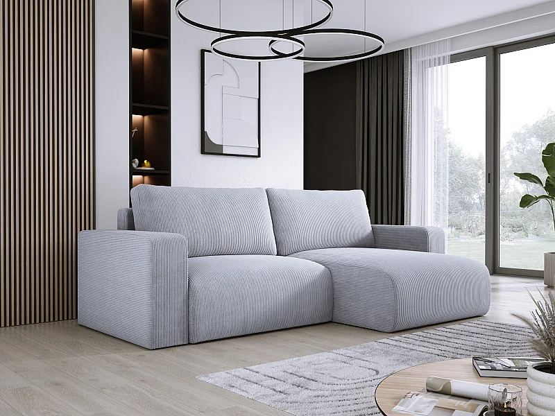 Canapé d'angle avec fonction couchage et coffre, tissu en velours doux, flexible, agencement droit, 247x143x83cm, chêne clair