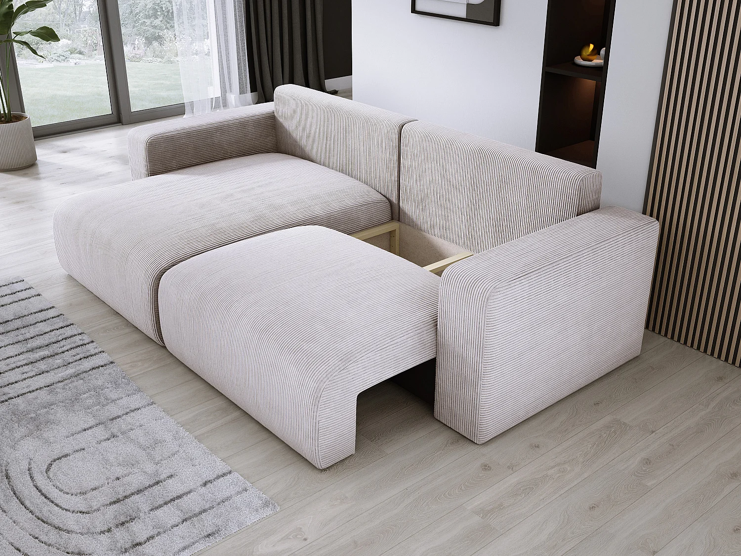 Hoekbank met slaapfunctie en opbergruimte, zachte cordstof, flexibel verstelbaar, linkeropstelling, 247x143x83 cm, vuil beige