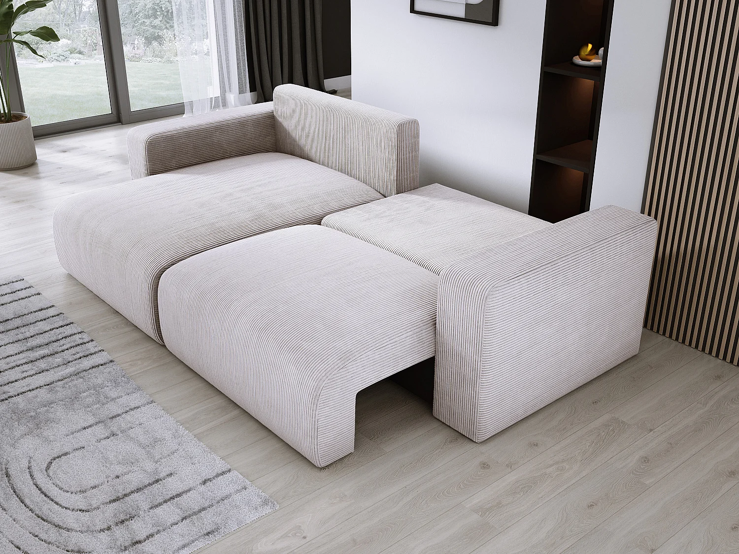 Hoekbank met slaapfunctie en opbergruimte, zachte cordstof, flexibel verstelbaar, linkeropstelling, 247x143x83 cm, vuil beige