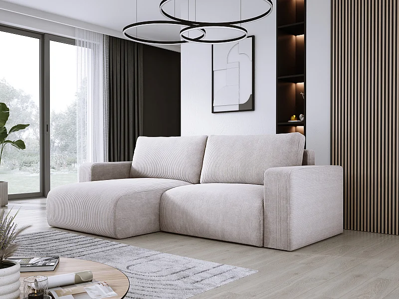Canapé d'angle avec fonction couchage et coffre, tissu en velours doux, flexible, agencement gauche, 247x143x83cm, beige sale