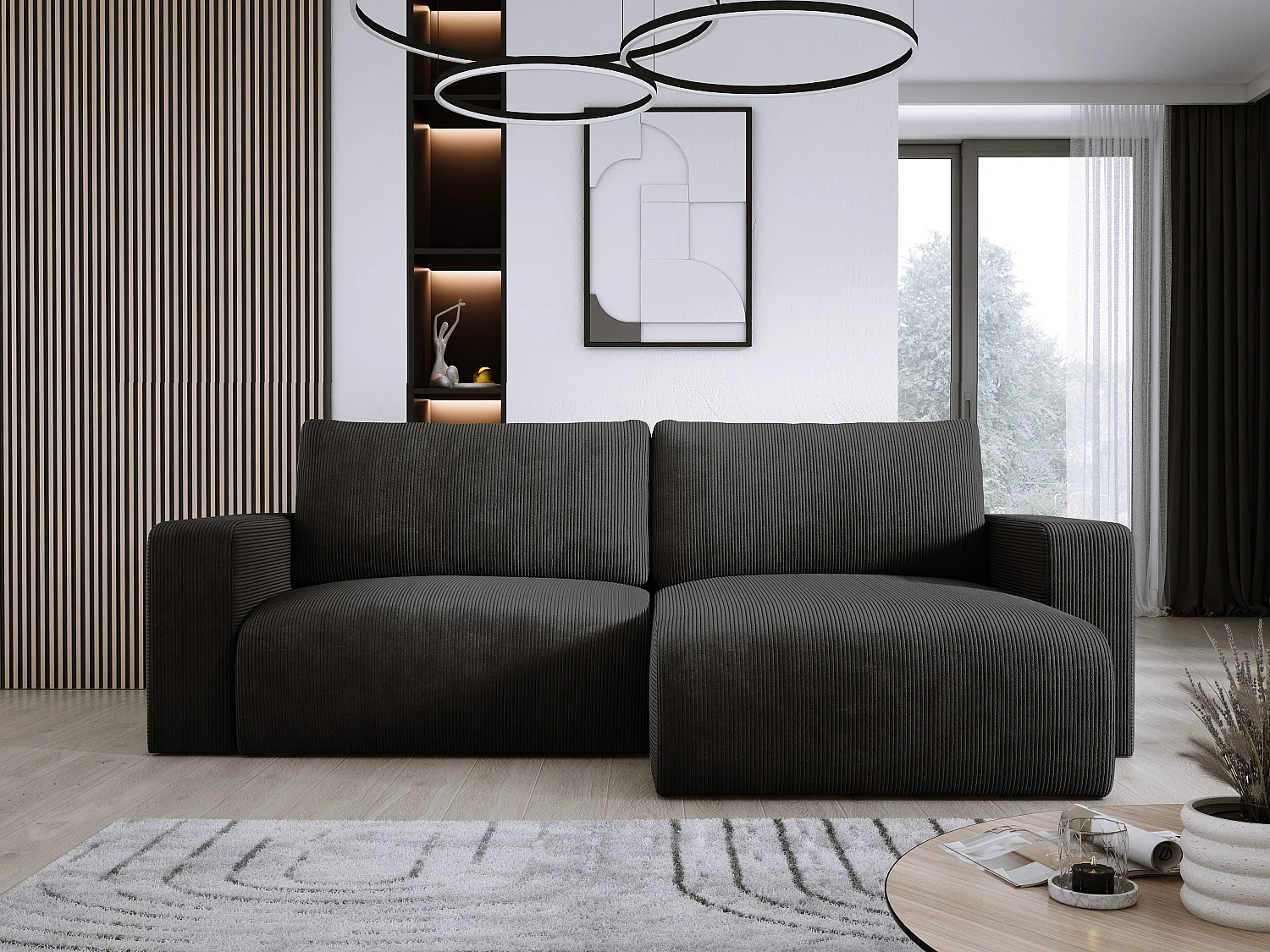 Narożnik z funkcją spania i pojemnikiem, miękki sztruks, lewy, 247x143x83 cm, kolor czarny