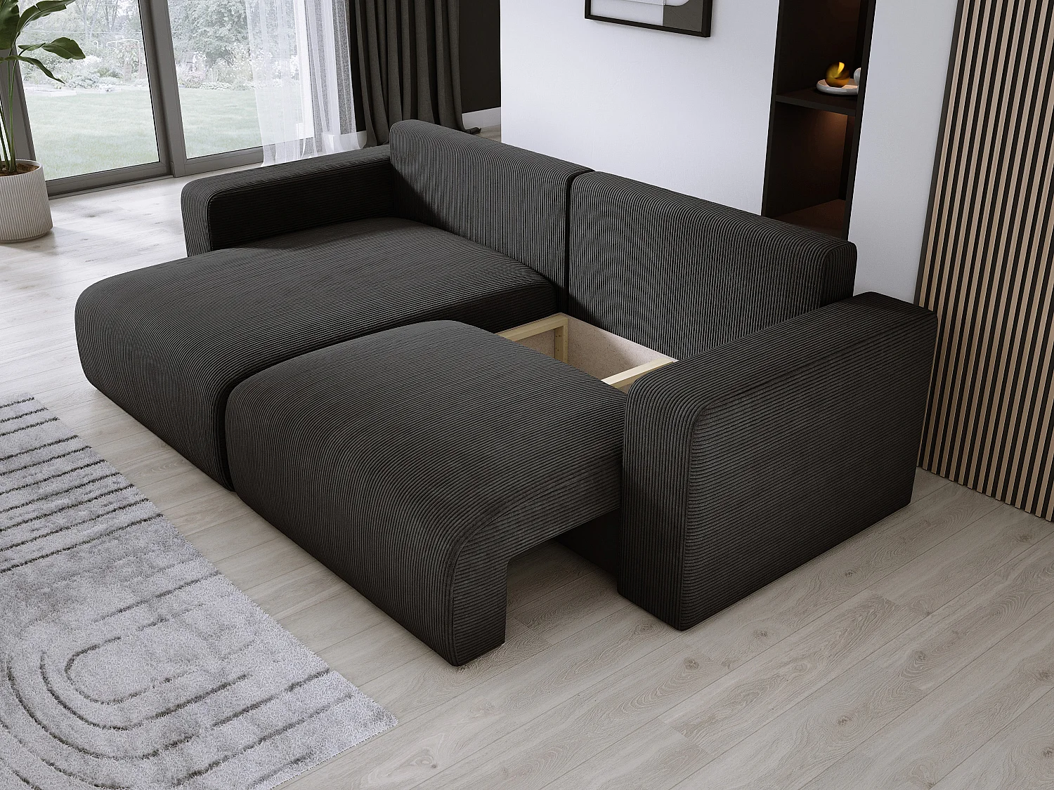 Hoekbank met slaapfunctie en opbergruimte, zachte cordstof, flexibel verstelbaar, linkeropstelling, 247x143x83 cm, zwart