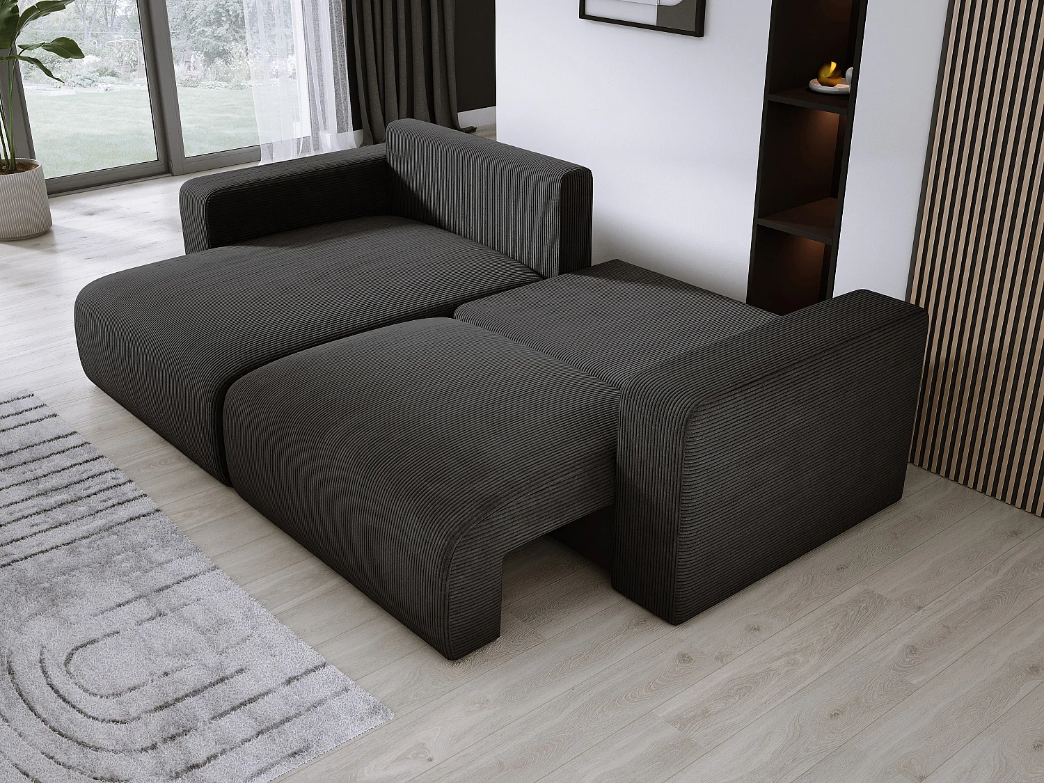 Hoekbank met slaapfunctie en opbergruimte, zachte cordstof, flexibel verstelbaar, linkeropstelling, 247x143x83 cm, zwart