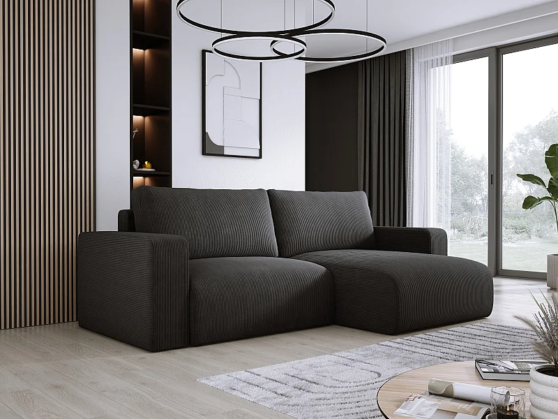 Ecksofa mit Schlaffunktion und Bettkasten, weicher Cordstoff, flexibel stellbar, rechts, 247x143x83 cm, Farbe Schwarz