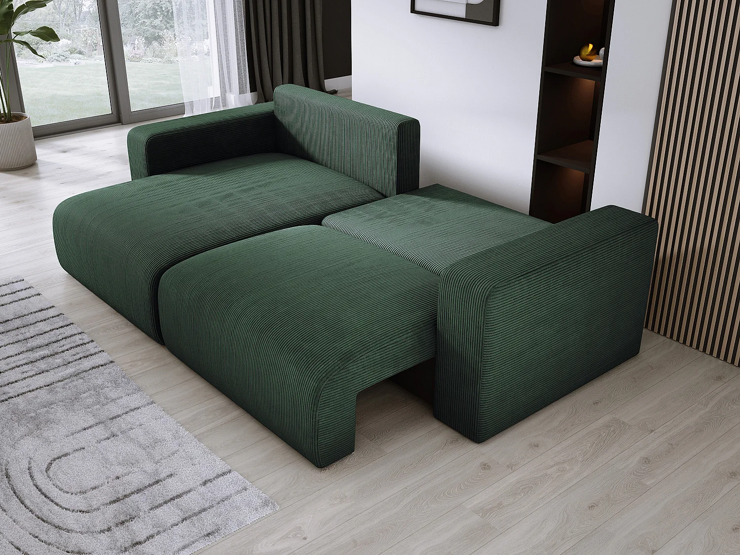 Hoekbank met slaapfunctie en opbergruimte, zachte cordstof, flexibel verstelbaar, linkeropstelling, 247x143x83 cm, zeegroen