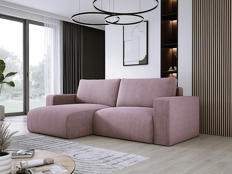 Ecksofa mit Schlaffunktion und Bettkasten, weicher Cordstoff, flexibel stellbar, links, 247x143x83 cm, Farbe Puder