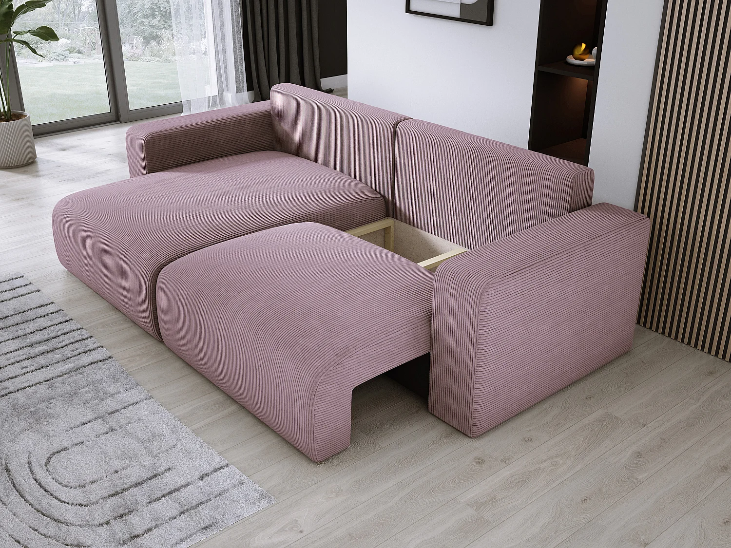 Hoekbank met slaapfunctie en opbergruimte, zachte cordstof, flexibel verstelbaar, linkeropstelling, 247x143x83 cm, poeder