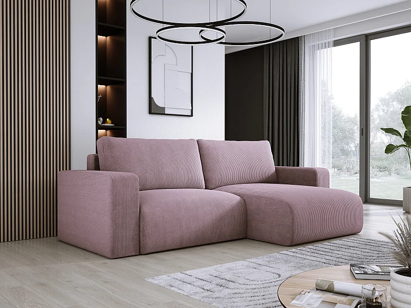 Canapé d'angle avec fonction couchage et coffre, tissu en velours doux, flexible, agencement droit, 247x143x83cm, poudre
