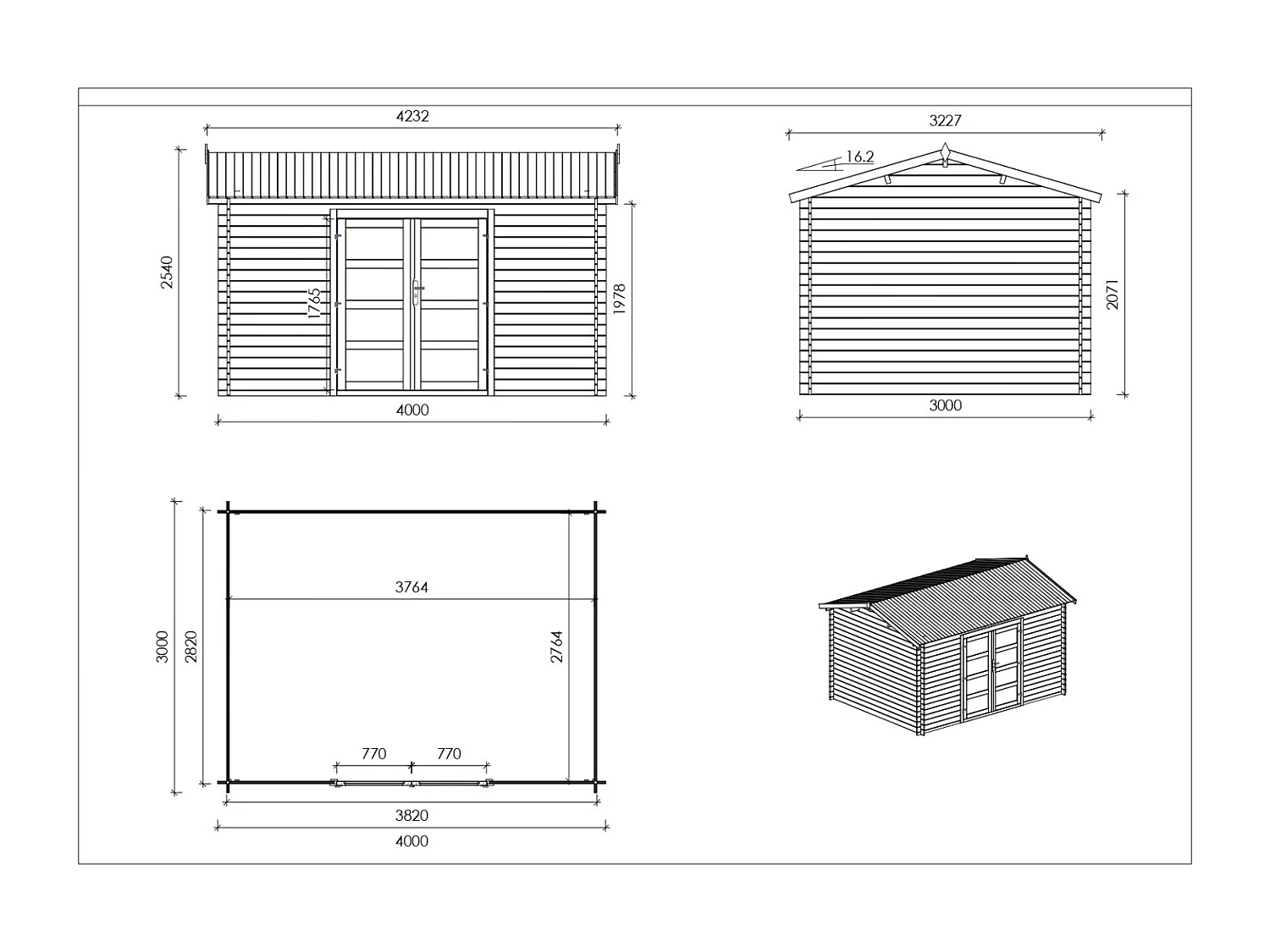 Abri de jardin en bois - 12m2 - 4x3m - Traité - Ep. 28mm - Couleur: marron - DOM677 - ALTANKA