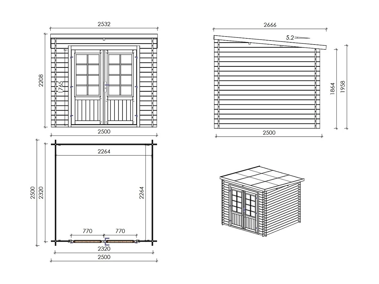 Abri de jardin en bois - 6.25m2 - 2.5x2.5m - Traité - Ep. 28mm - Couleur: vert - DOM724 - ALTANKA