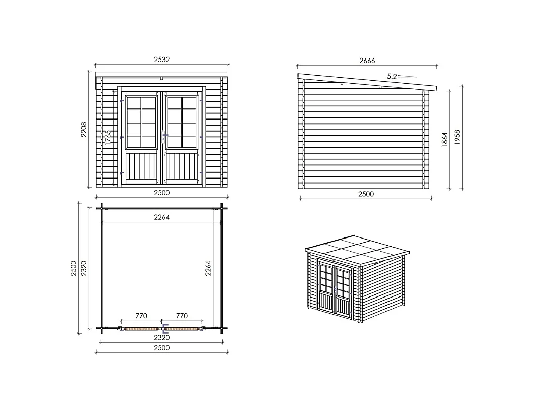 Abri de jardin en bois - 6.25m2 - 2.5x2.5m - Traité - Ep. 28mm - Couleur: vert - DOM724 - ALTANKA