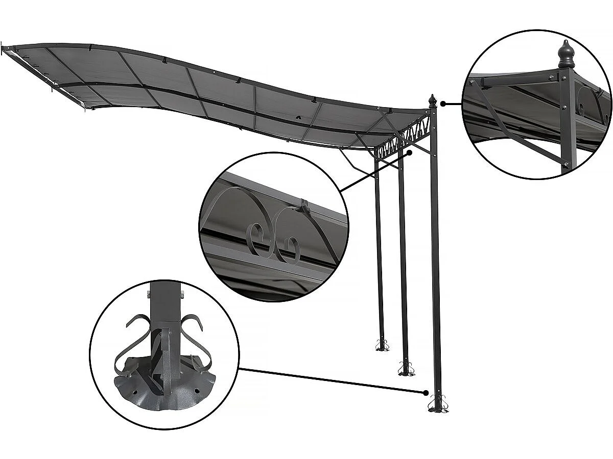 Pergola tonnelle adossée en métal - 3 x 4 m - Gris