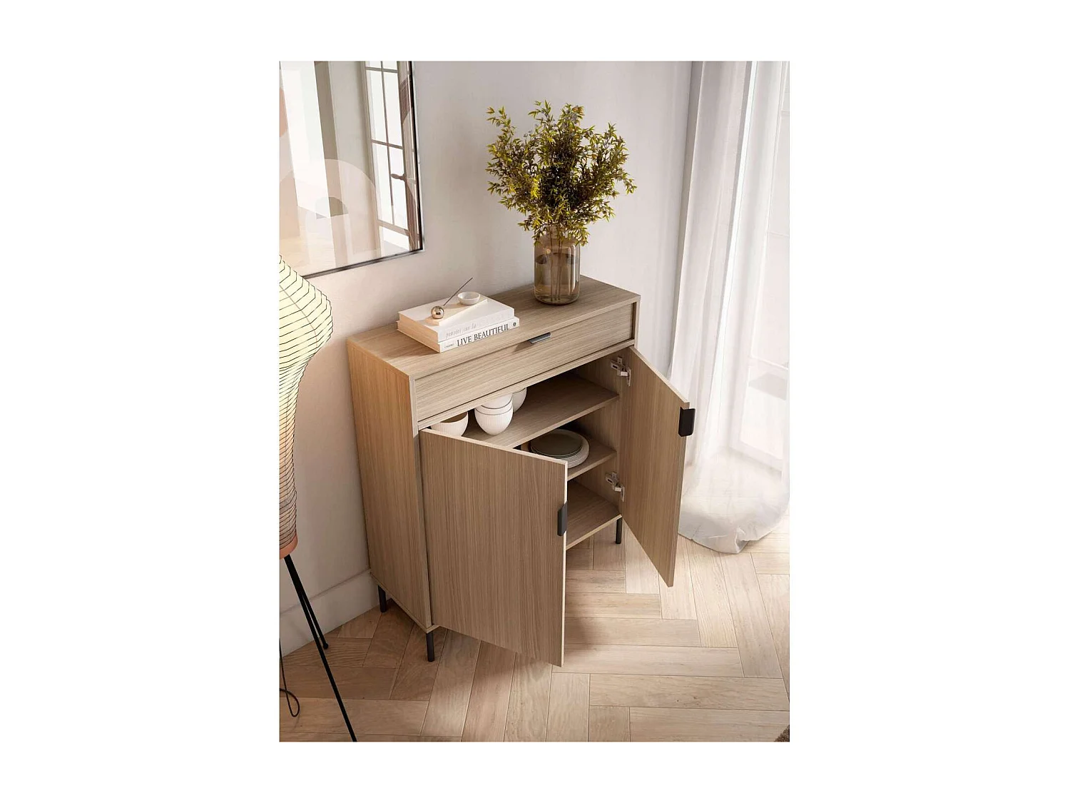 Mueble auxiliar/zapatero Md-507, 2 puertas 1 cajón en nogal oscuro, 89cm(alto) 80cm(ancho