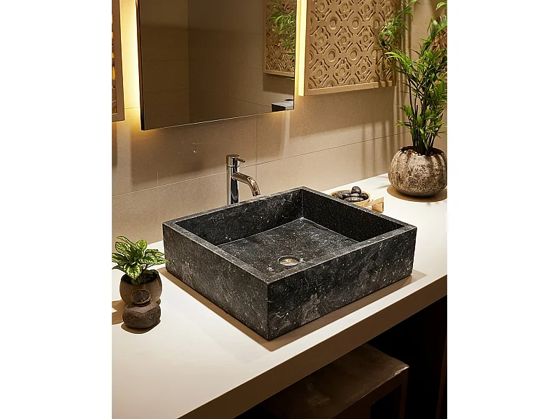 Malka - Vasque à poser rectangle marbre terrazzo premium noire