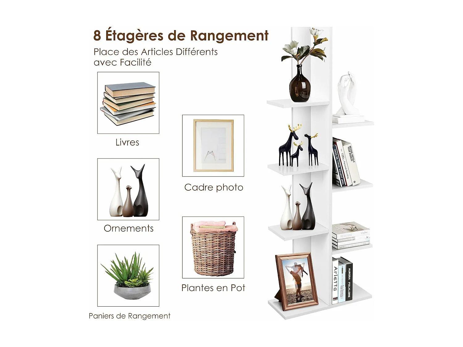 8-laags boomboekenplank, opbergplank voor kinderen/volwassenen, wit