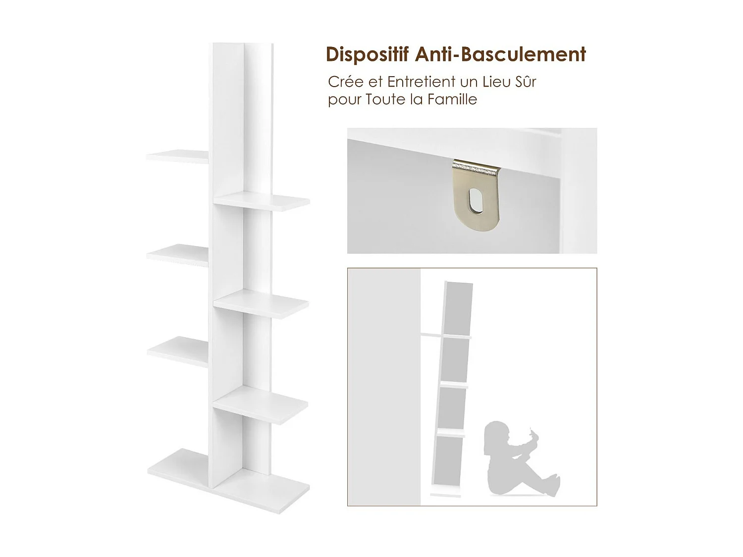 8-laags boomboekenplank, opbergplank voor kinderen/volwassenen, wit
