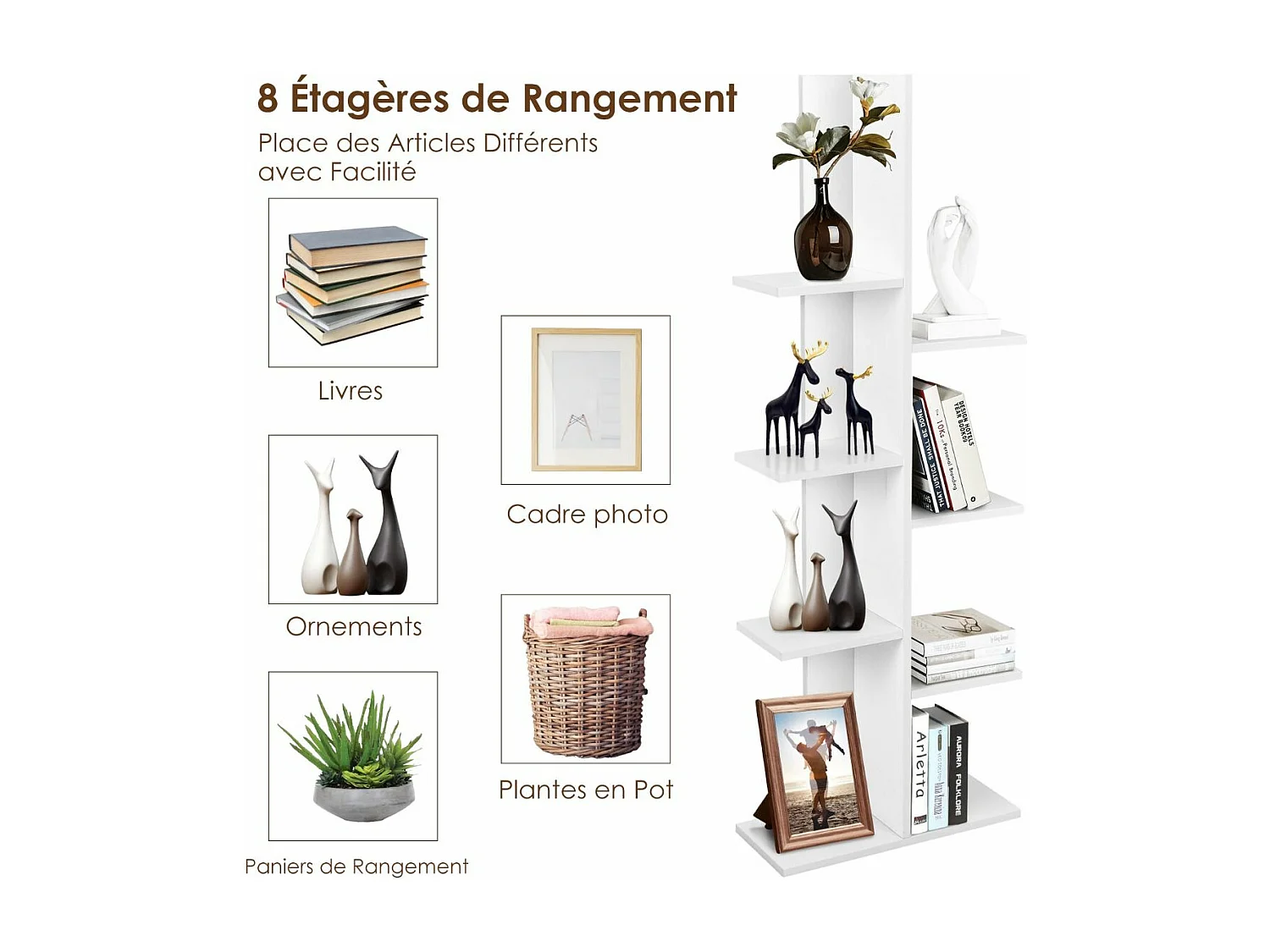 8-laags boomboekenplank, opbergplank voor kinderen/volwassenen, wit