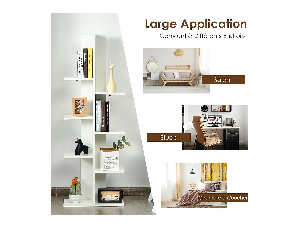 Bibliothèque forme arbre à 8 niveaux, étagère de rangement pour enfants/adultes, blanc