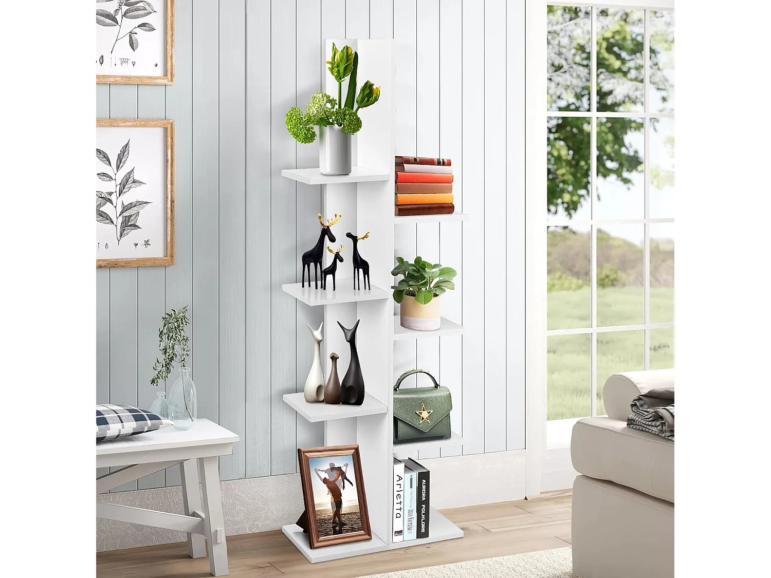 8-laags boomboekenplank, opbergplank voor kinderen/volwassenen, wit