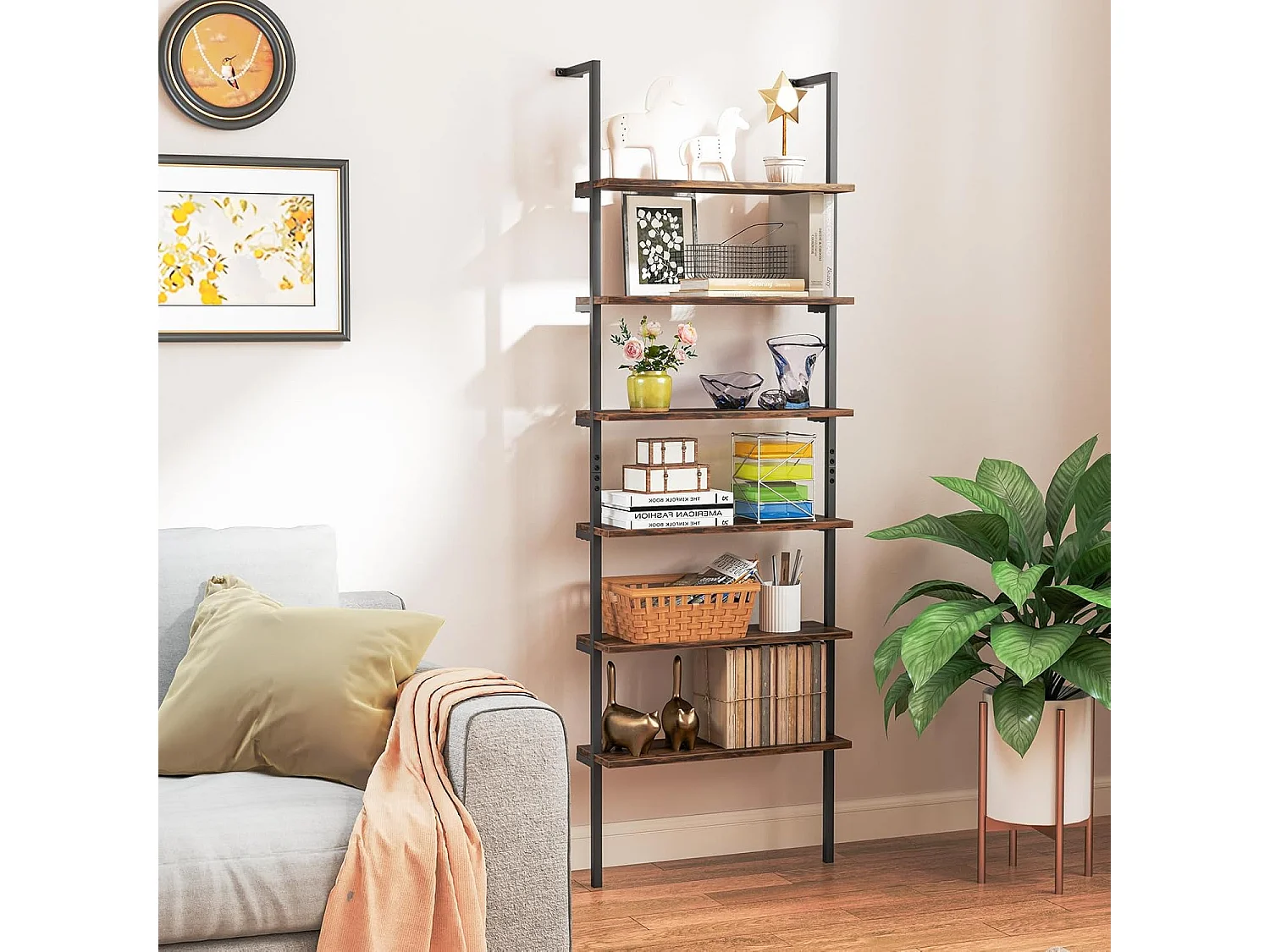 Bibliothèque Étagère Echelle à 6 Niveaux, Etagère Murale Cadre en Métal, Style Industriel, pour Bureau, Salon, Chambre, Cuisine, 20 x 60 x 183 cm (Brun Rustique)