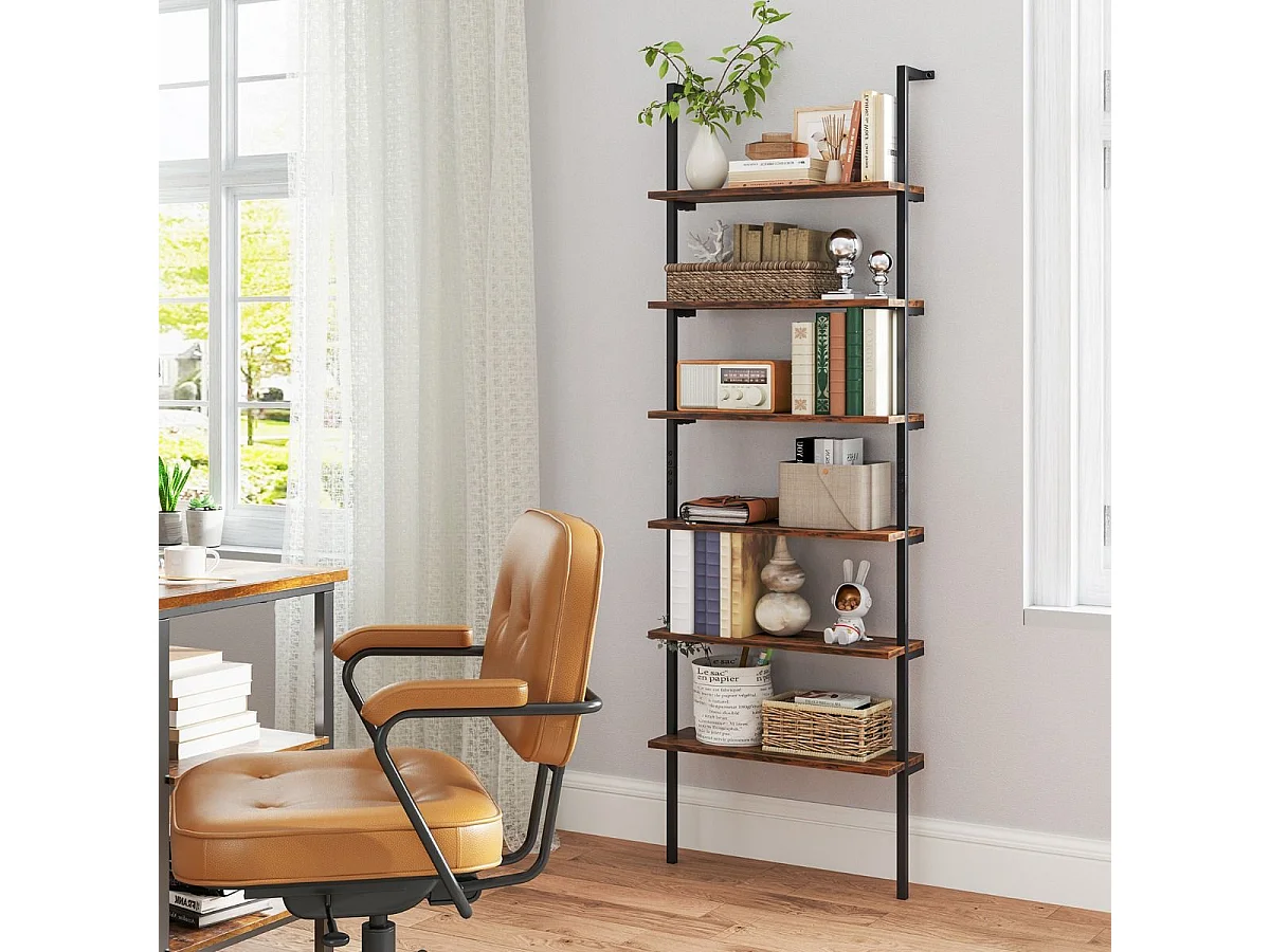 Bibliothèque Étagère Echelle à 6 Niveaux, Etagère Murale Cadre en Métal, Style Industriel, pour Bureau, Salon, Chambre, Cuisine, 20 x 60 x 183 cm (Brun Rustique)