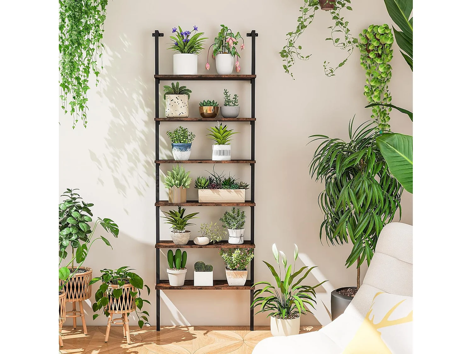 Bibliothèque Étagère Echelle à 6 Niveaux, Etagère Murale Cadre en Métal, Style Industriel, pour Bureau, Salon, Chambre, Cuisine, 20 x 60 x 183 cm (Brun Rustique)