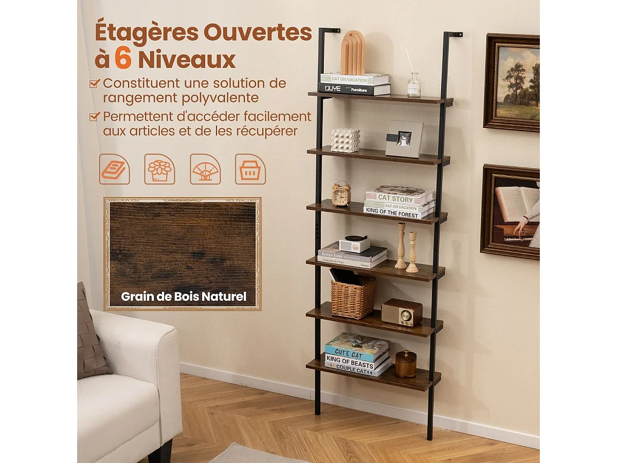 Bibliothèque Étagère Echelle à 6 Niveaux, Etagère Murale Cadre en Métal, Style Industriel, pour Bureau, Salon, Chambre, Cuisine, 20 x 60 x 183 cm (Brun Rustique)