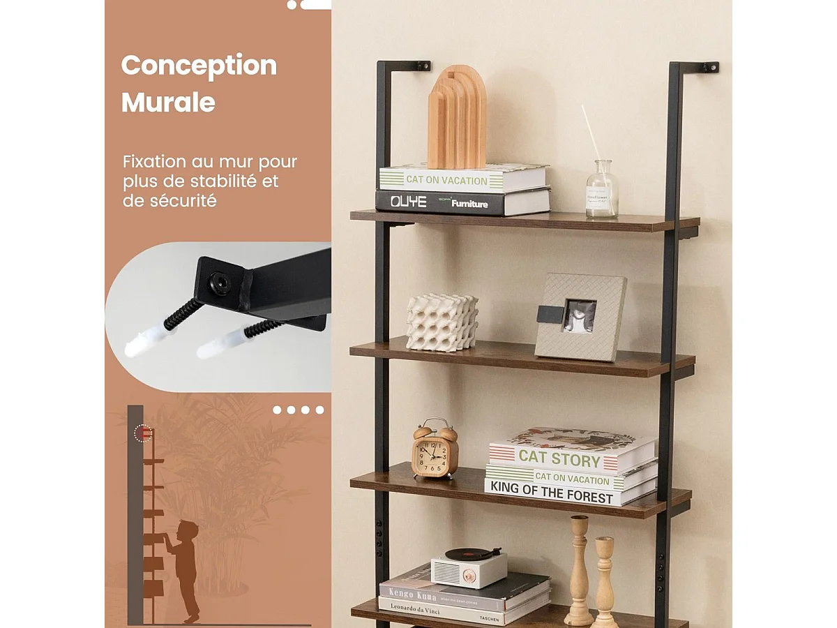 Bibliothèque Étagère Echelle à 6 Niveaux, Etagère Murale Cadre en Métal, Style Industriel, pour Bureau, Salon, Chambre, Cuisine, 20 x 60 x 183 cm (Brun Rustique)