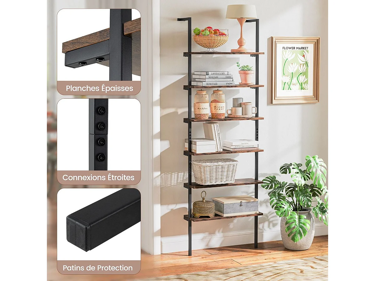 Bibliothèque Étagère Echelle à 6 Niveaux, Etagère Murale Cadre en Métal, Style Industriel, pour Bureau, Salon, Chambre, Cuisine, 20 x 60 x 183 cm (Brun Rustique)